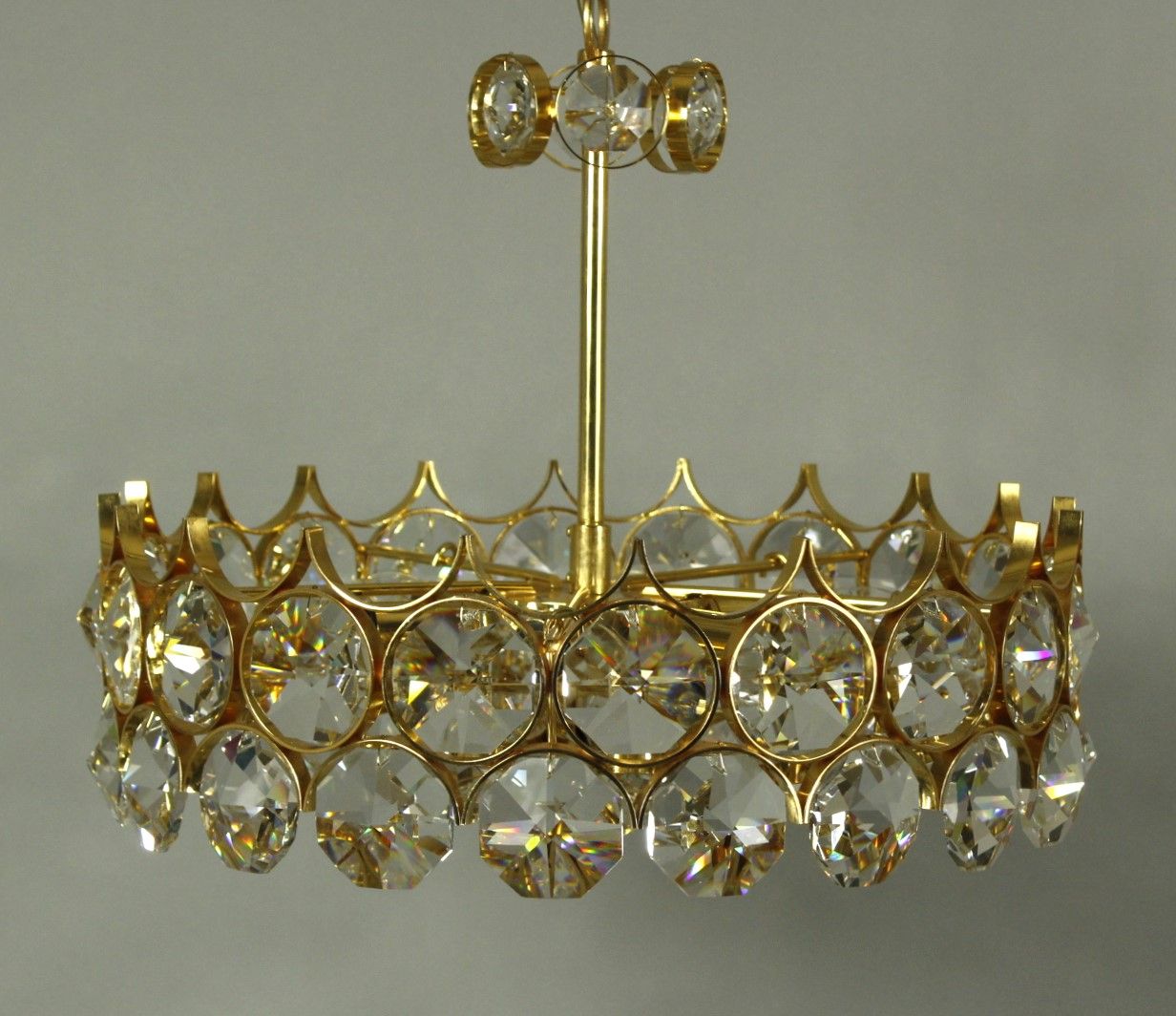 1970s Palwa Chandelier, gold plate and faceted crystals