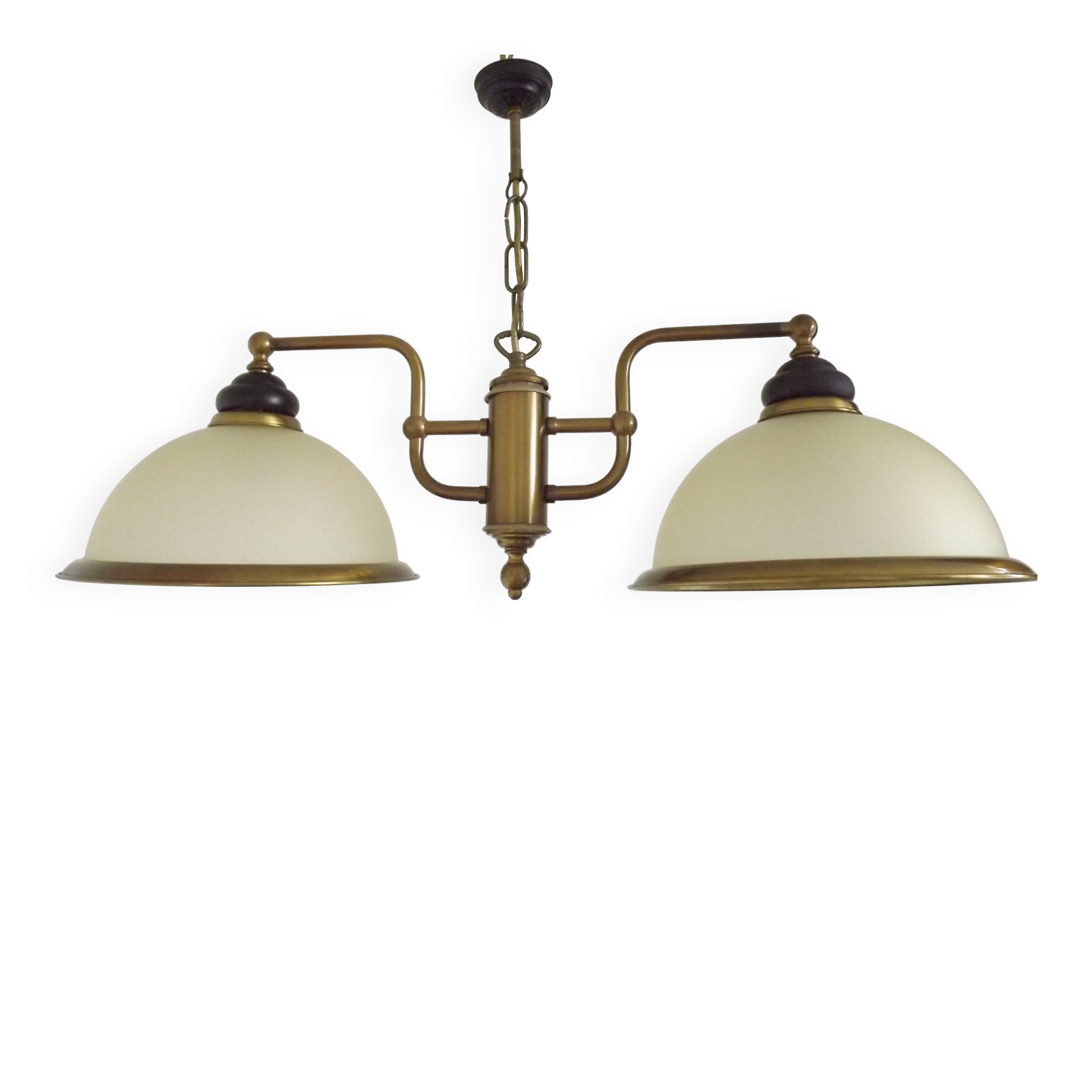 French Mid Century Bronze Effect Metal Double Billiard Light Glass Shades