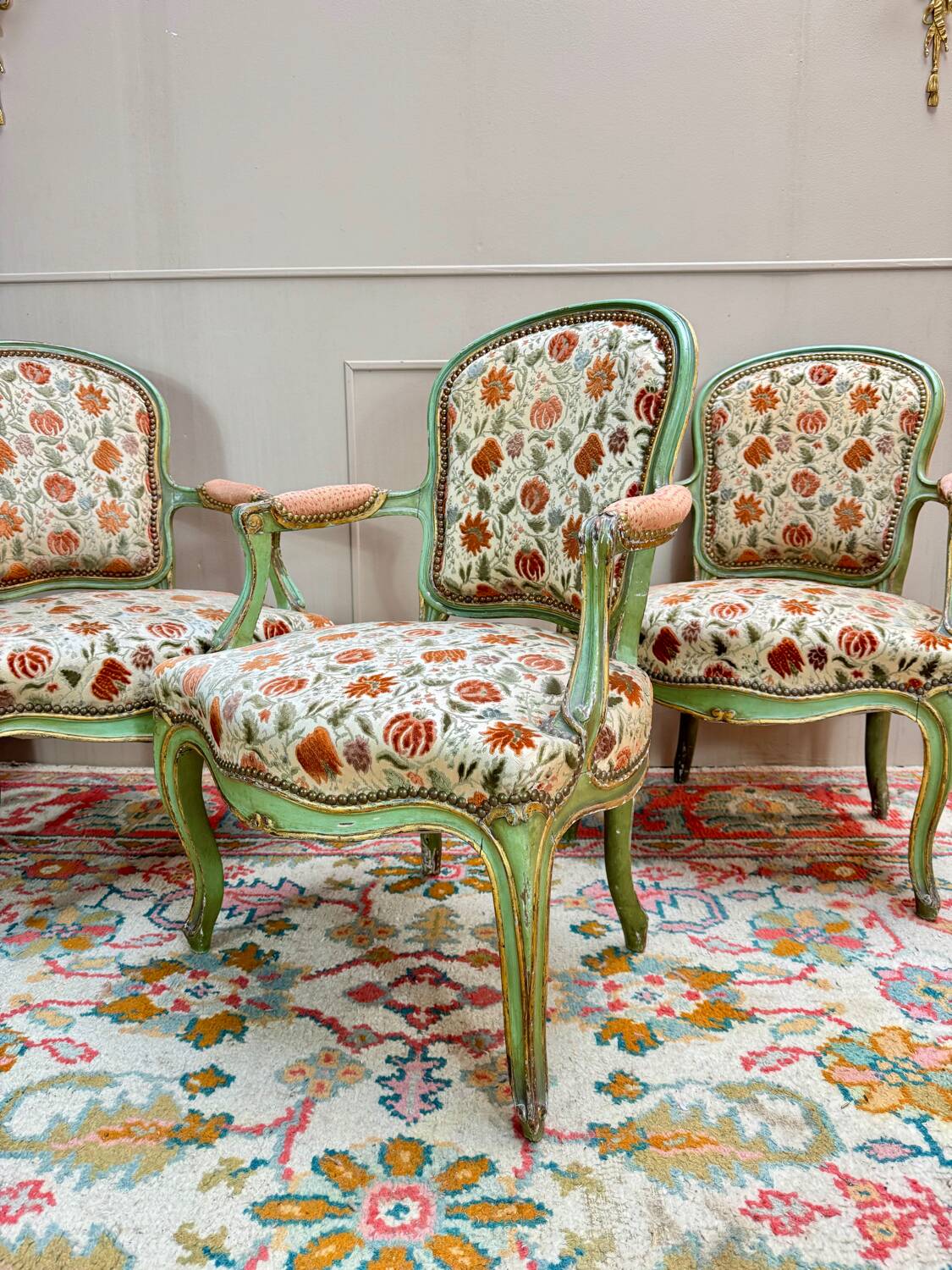 Set of Three Louis XV Style Lacquered Wood Armchairs, 19th Century