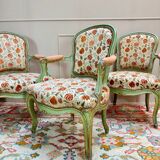 Set of Three Louis XV Style Lacquered Wood Armchairs, 19th Century