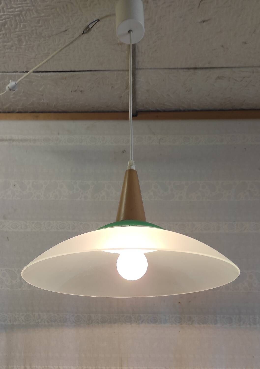 Scandinavian style pendant light in glass and wood - late 20th century