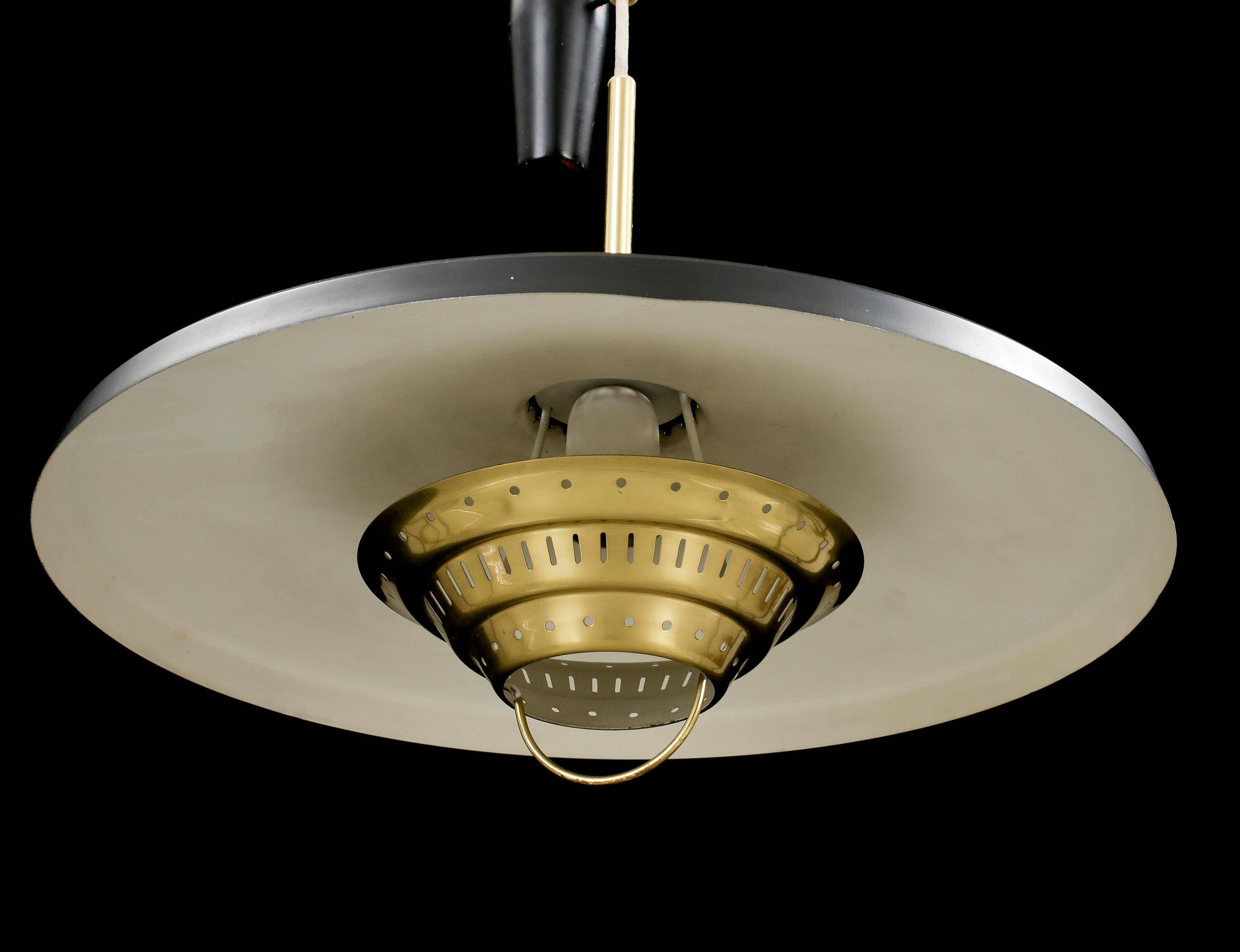 Anonymous suspended lamp with metal black and brass counterweight, Sweden, 1950.