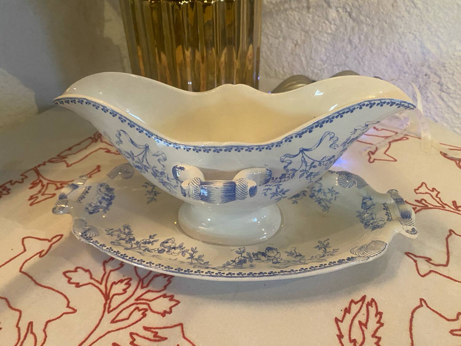 Mozart pattern earthenware gravy boat stamped Sarreguemines