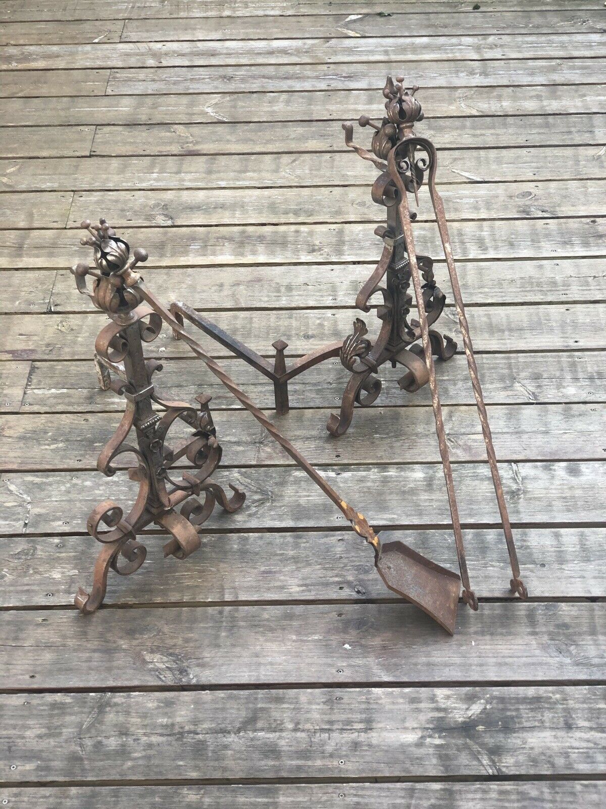 Pair of neo-gothic chenets, art ironwork, with shovel and pliers