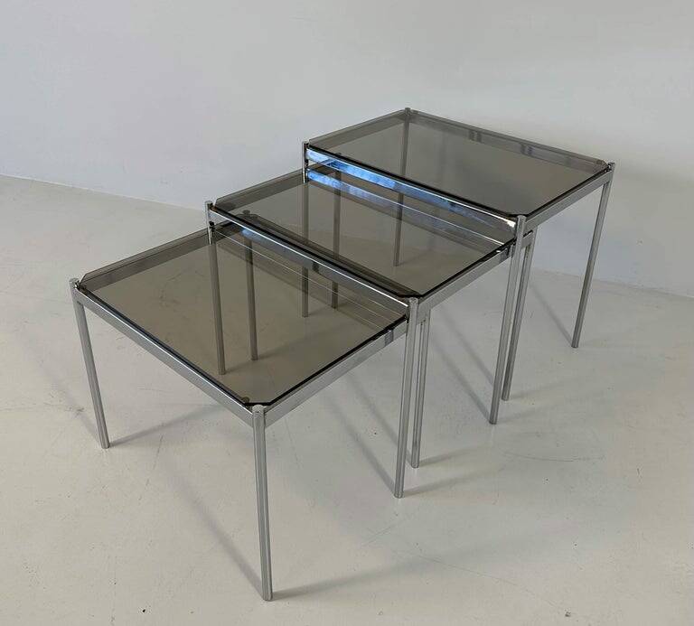 Italian Midcentury Set of Three Chromed Metal Glass Stackable Tray Tables,
