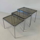 Italian Midcentury Set of Three Chromed Metal Glass Stackable Tray Tables,
