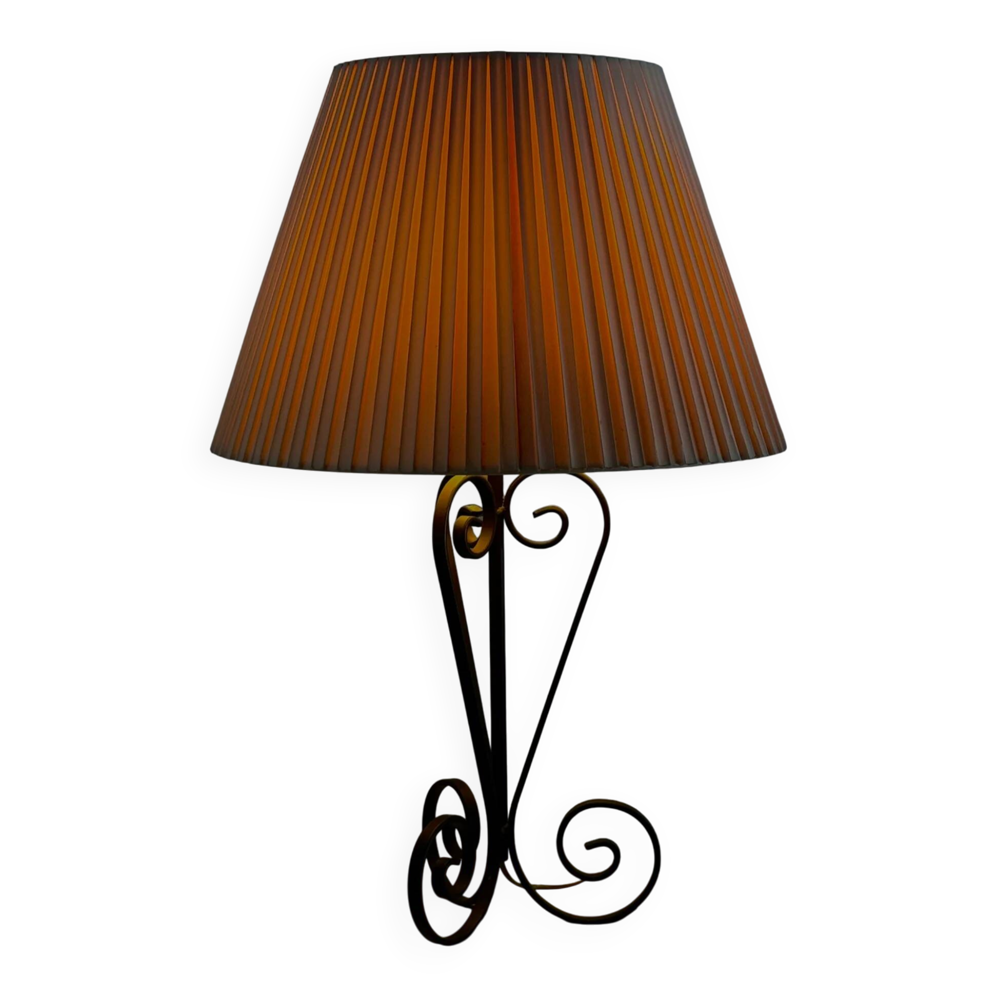 Vintage wrought iron table lamp in swirl shape with pleated shade