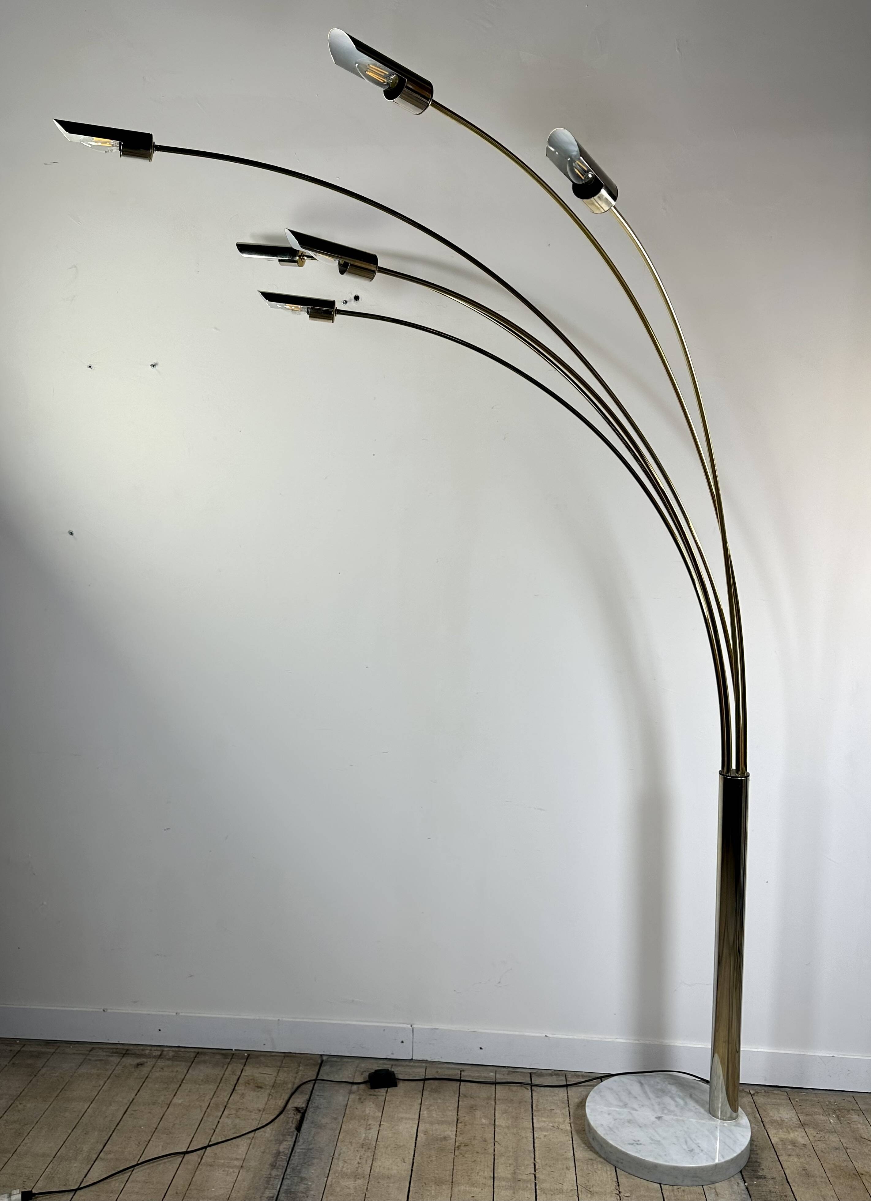 Italian Arc floor lamp with 6 lights in gold brass, 1970s.