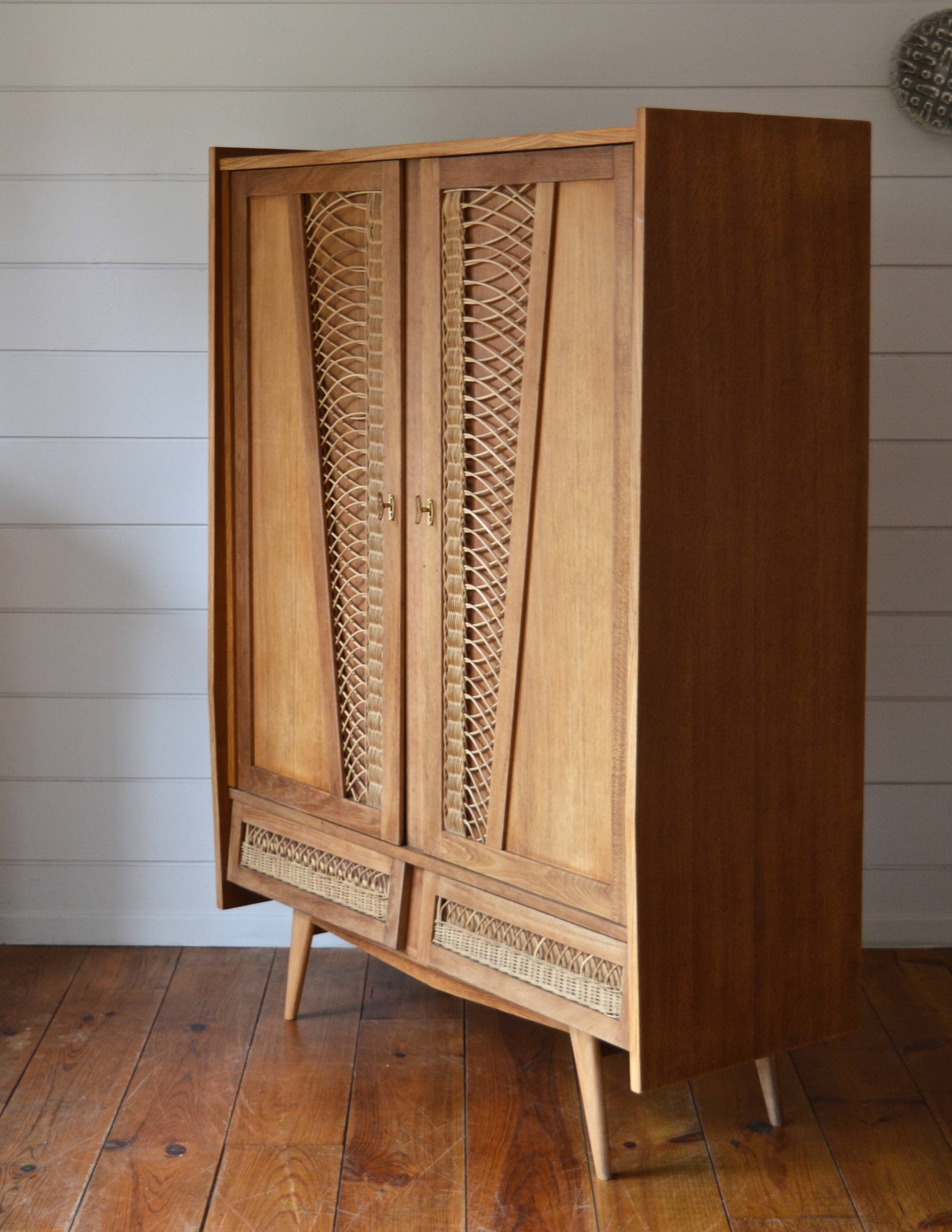 Wood and rattan wardrobe