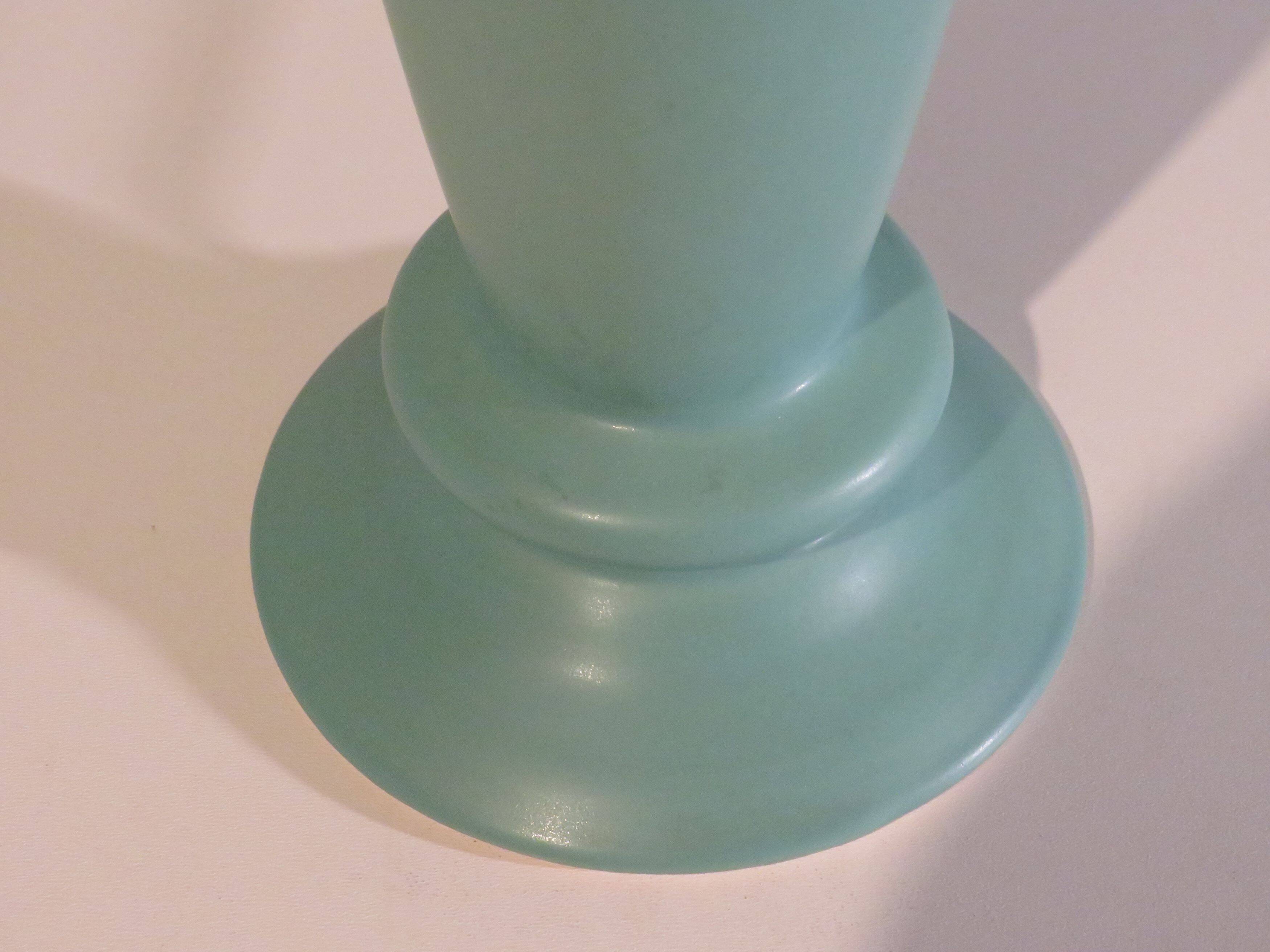 Mint green ceramic table lamp from Porcelaines de Bruxelles in Memphis style. 1980s