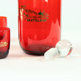 Midcentury alcohol bottle & shots set in red glass, Czechoslovakia circa 1960s