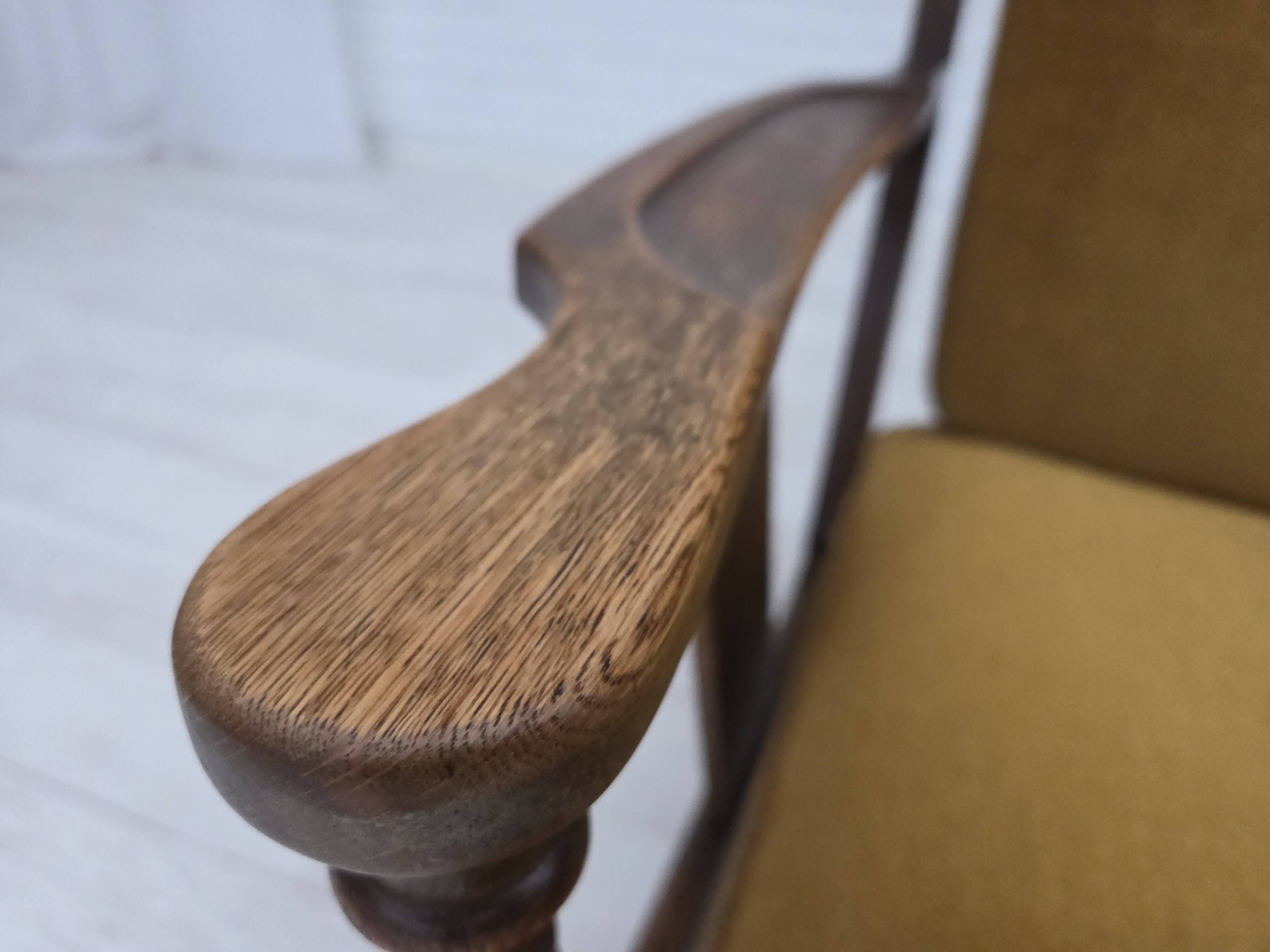 1950s, Danish vintage armchair, original green furniture velour, oak wood.