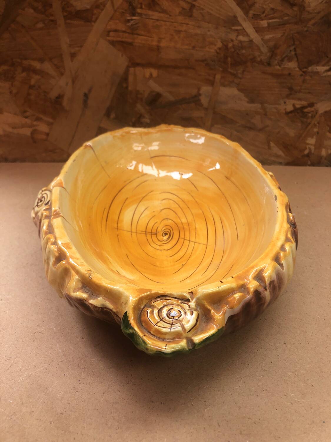 Old vallauris style ceramic ashtray trunk shape vintage wood