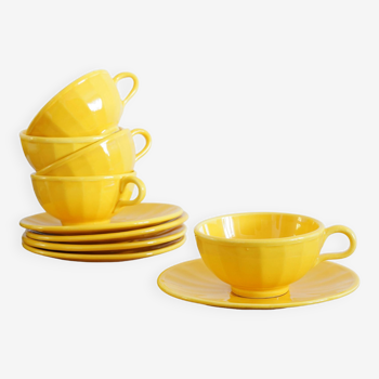 Service of 5 yellow cups and saucers