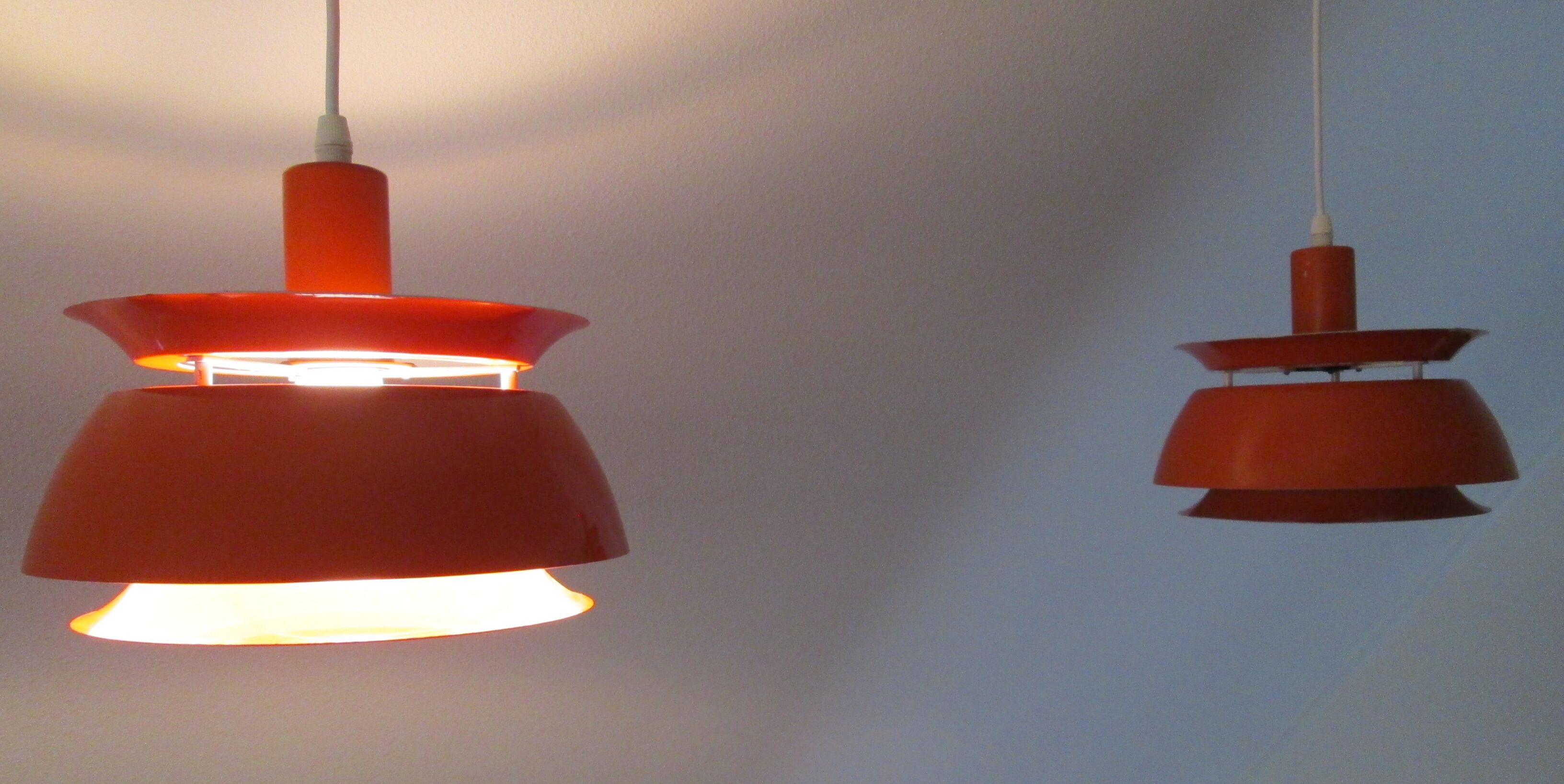Set of 2 Danish Mid-century vintage Nevada pendant lights, orange, PH style, by Vitrika Denmark