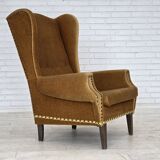 1970s, Danish high back armchair, furniture velour, oak wood legs.