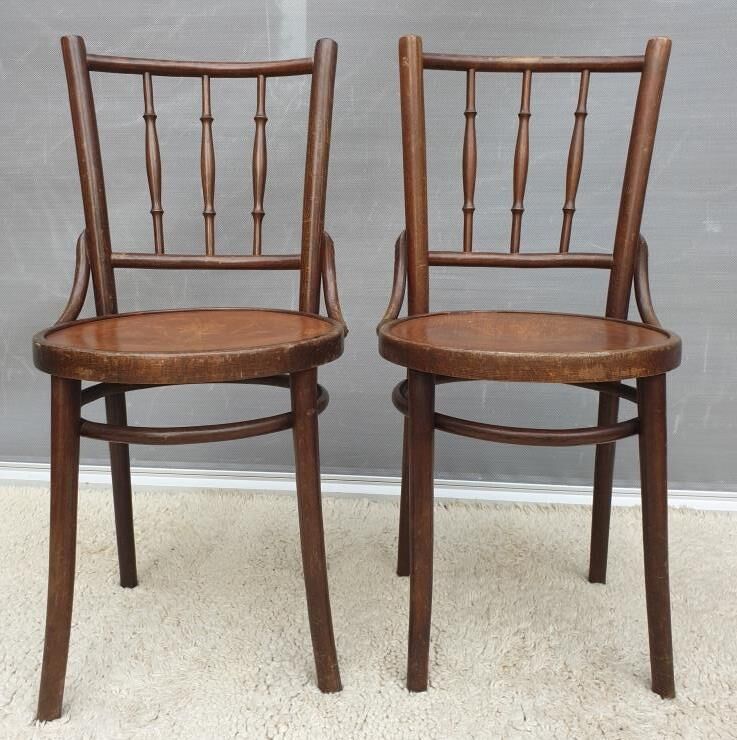 Pair chairs bistrot Thonet pyrograved design 1900 Art Nouveau