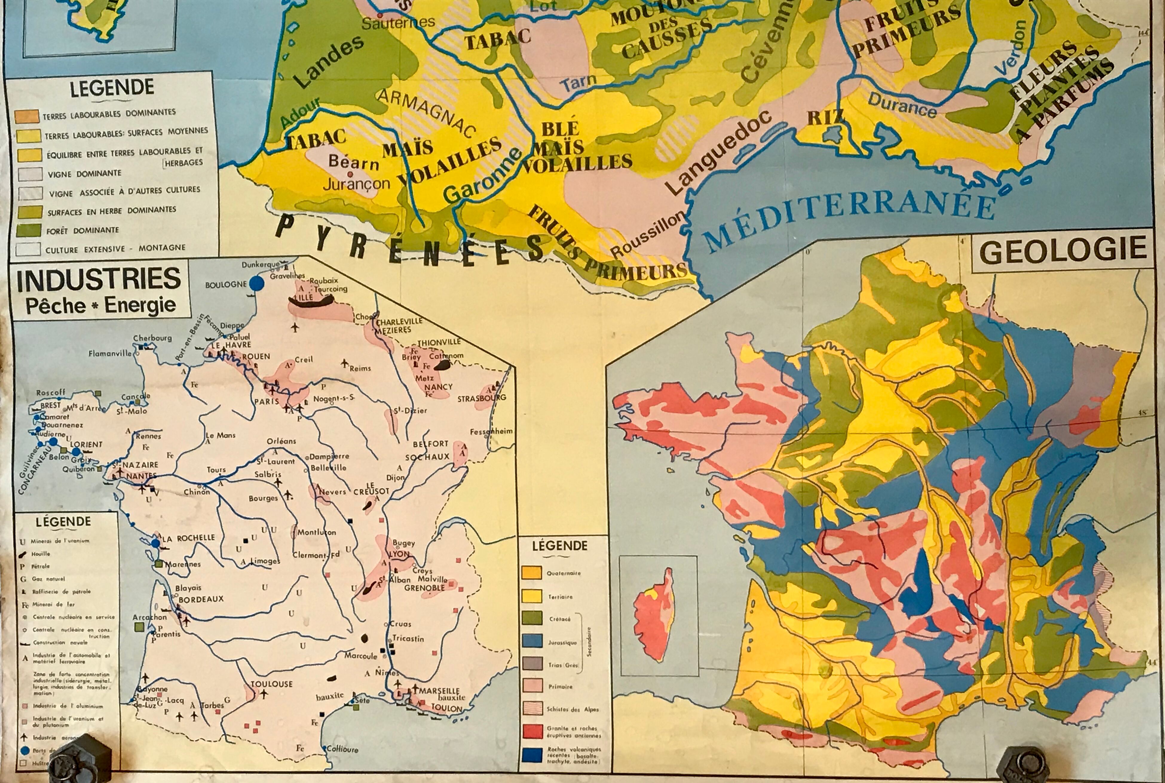 School map of france agriculture & livestock and administrative france 50s-60s