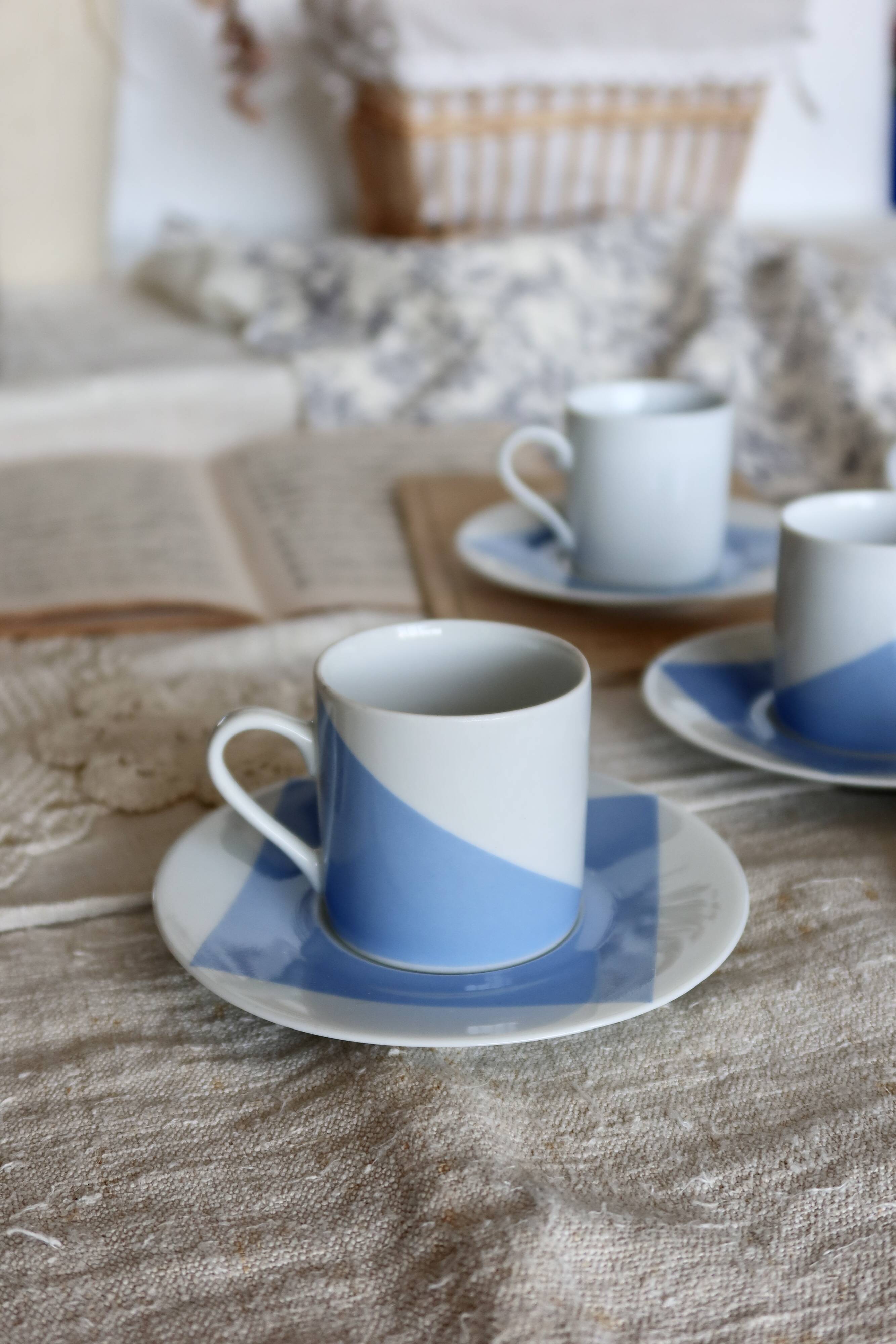Vintage Guy Degrenne porcelain coffee set with "Carré bleu" decor