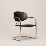 Set of eight cantilever chairs in black faux leather and chrome steel — c. 1980
