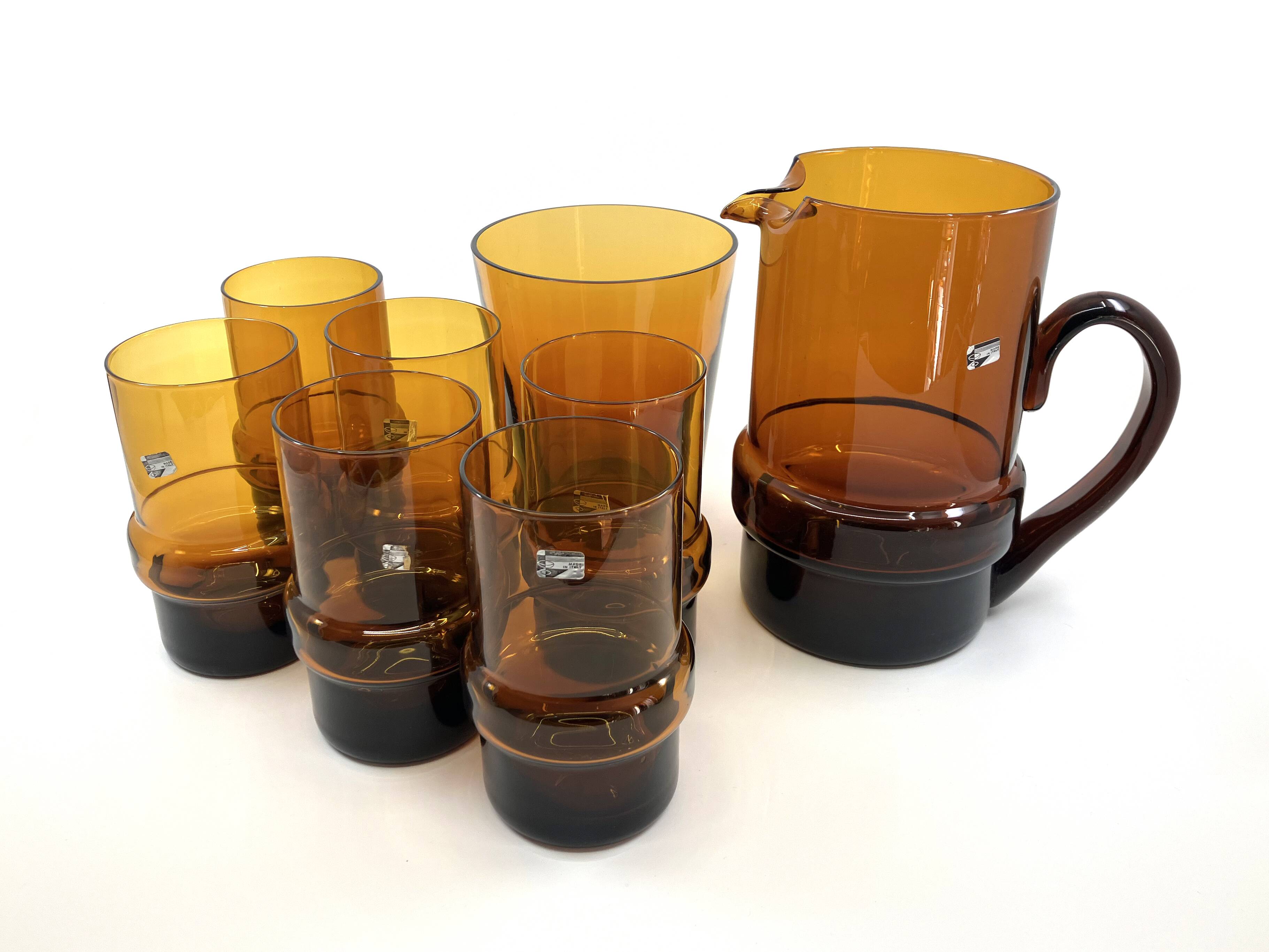 Set of 6 orangeade glasses / pitcher / ice bucket • Italy • 1970