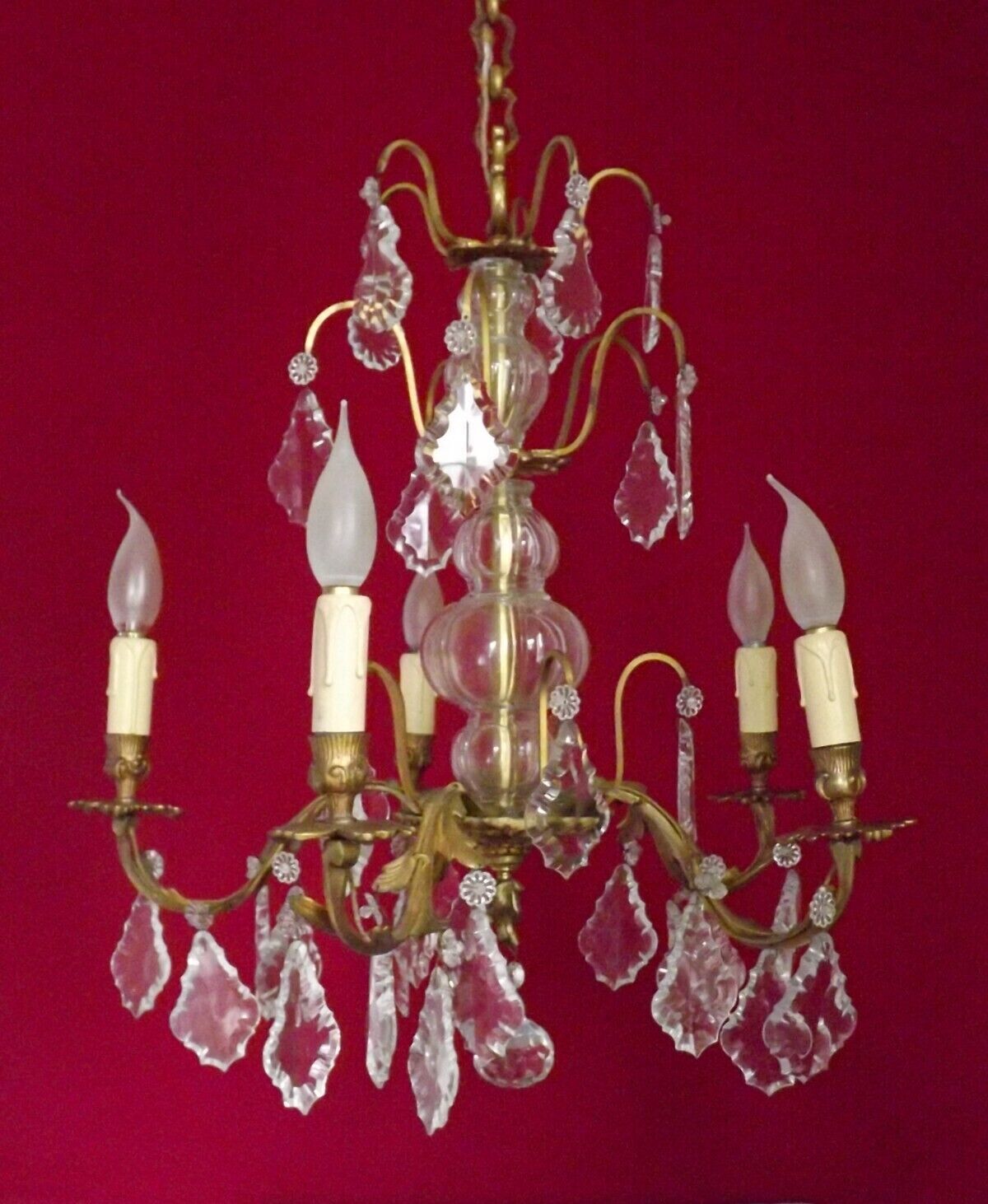 French antique 5 light brass crystal & glass acanthus leaf chandelier