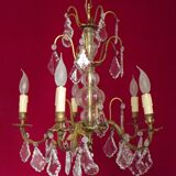 French antique 5 light brass crystal & glass acanthus leaf chandelier