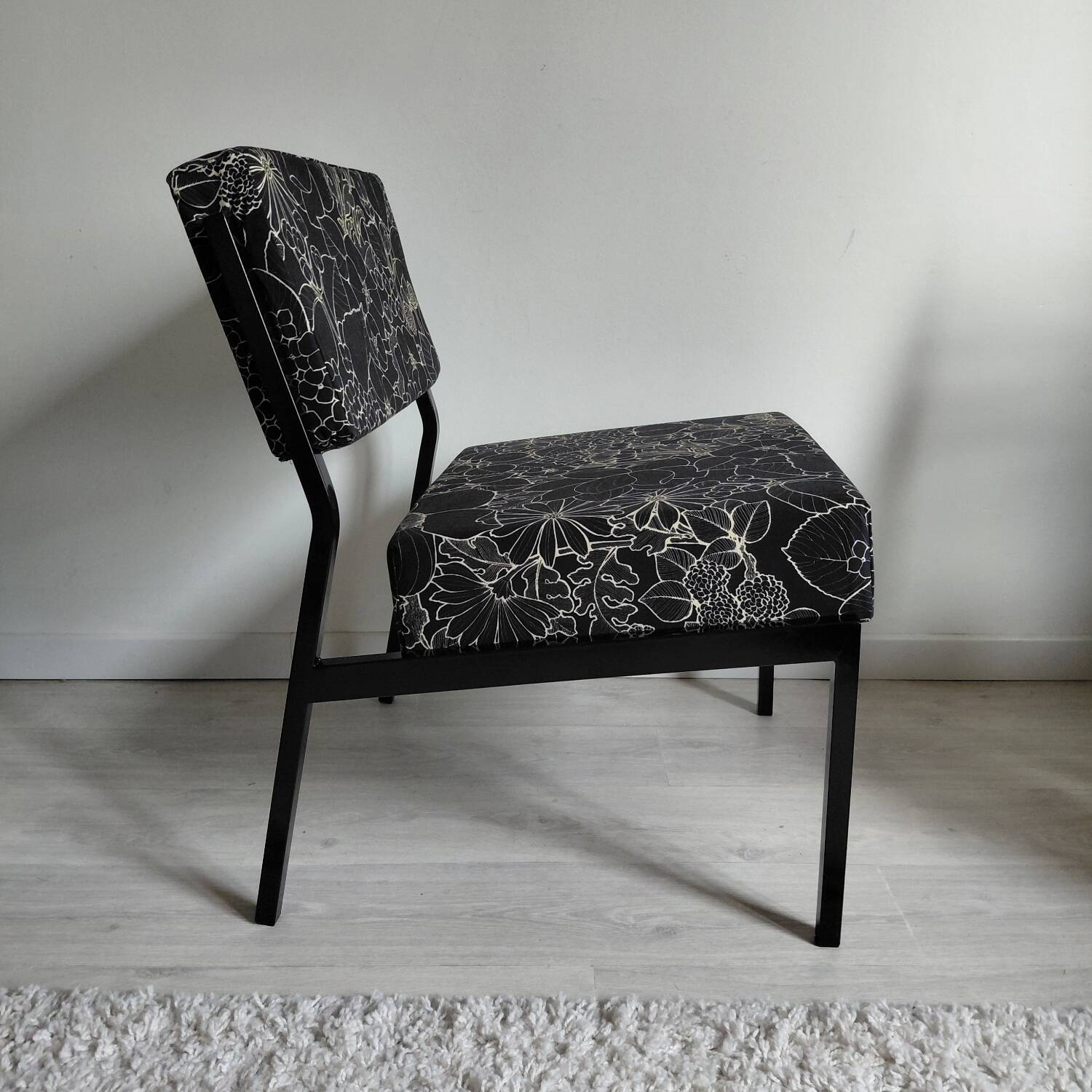 Pair of black metal and fabric armchairs, 1970s, restored.
