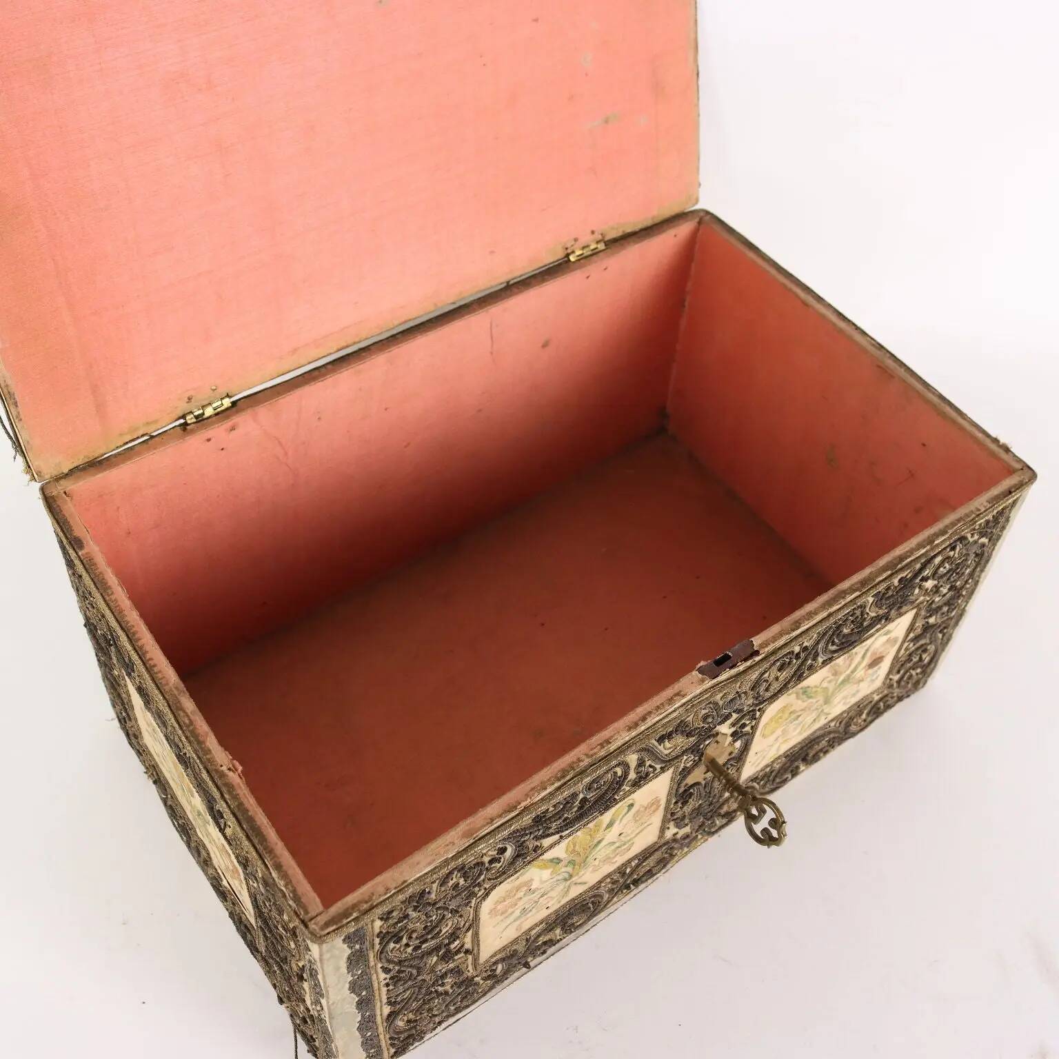 Antique wooden box with fabric and beads, Europe 19th Century