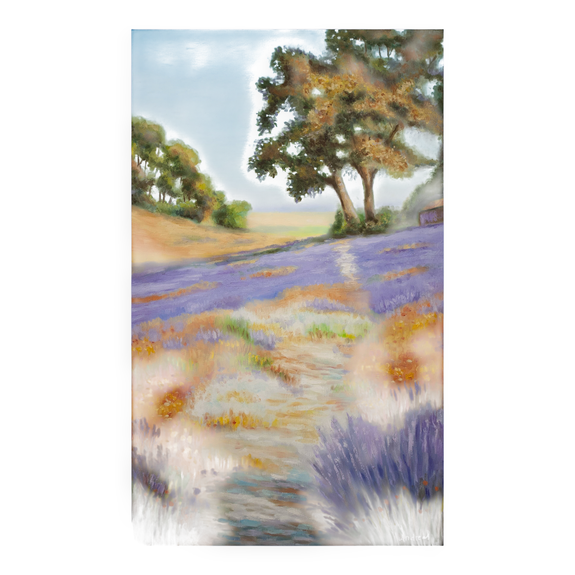 Oil painting on wooden panel, lavender landscape with lilacs and trees.