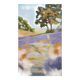 Oil painting on wooden panel, lavender landscape with lilacs and trees.