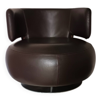 CURL swivel armchair in brown leather by Roche Bobois