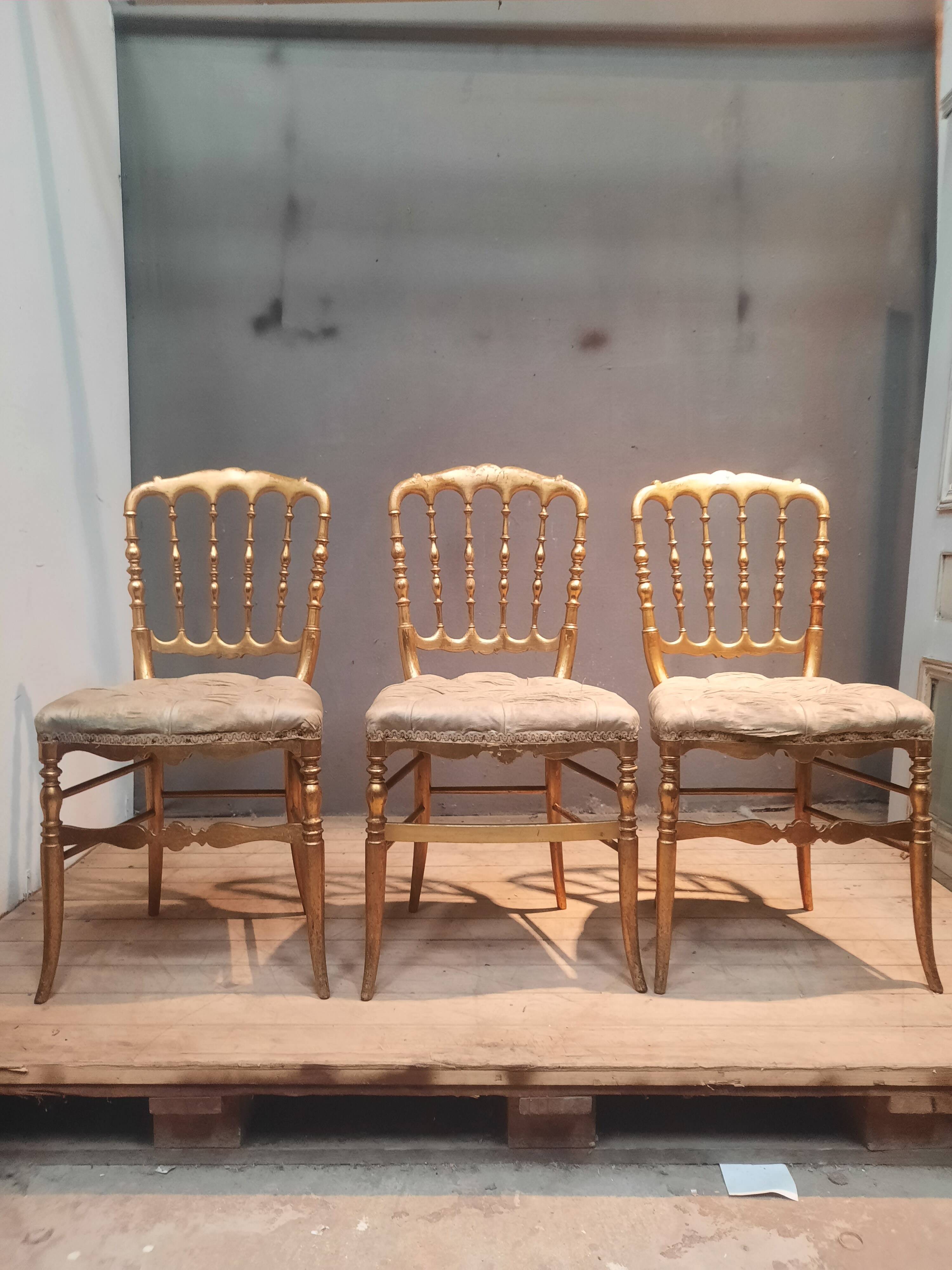 Set of 3 Napoleon III chairs in gilded wood