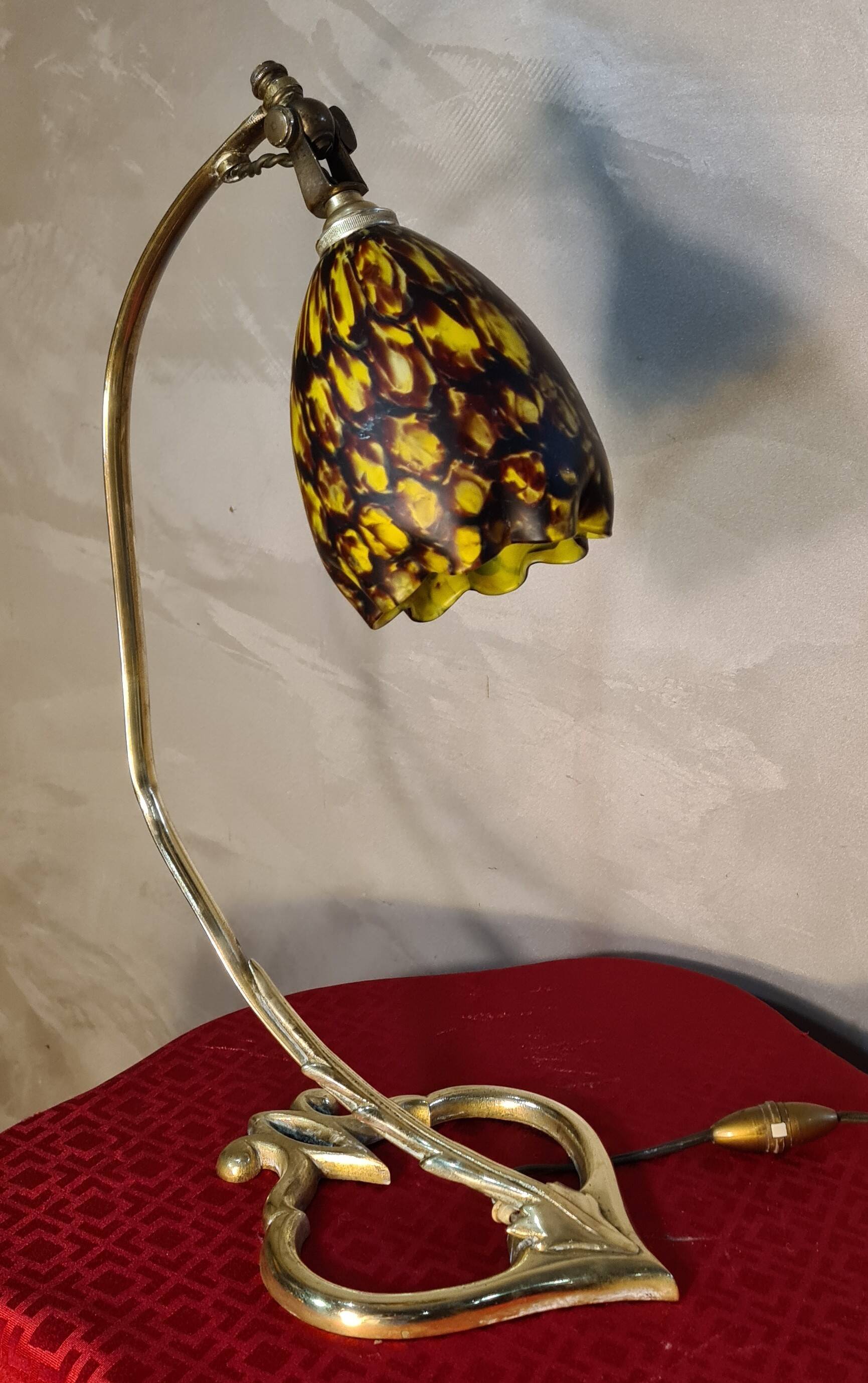 bronze and brass art nouveau lamp h 45x30 superb glass tulip 1930 elec