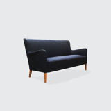 1940s three-seater sofa reupholstered in blue wool