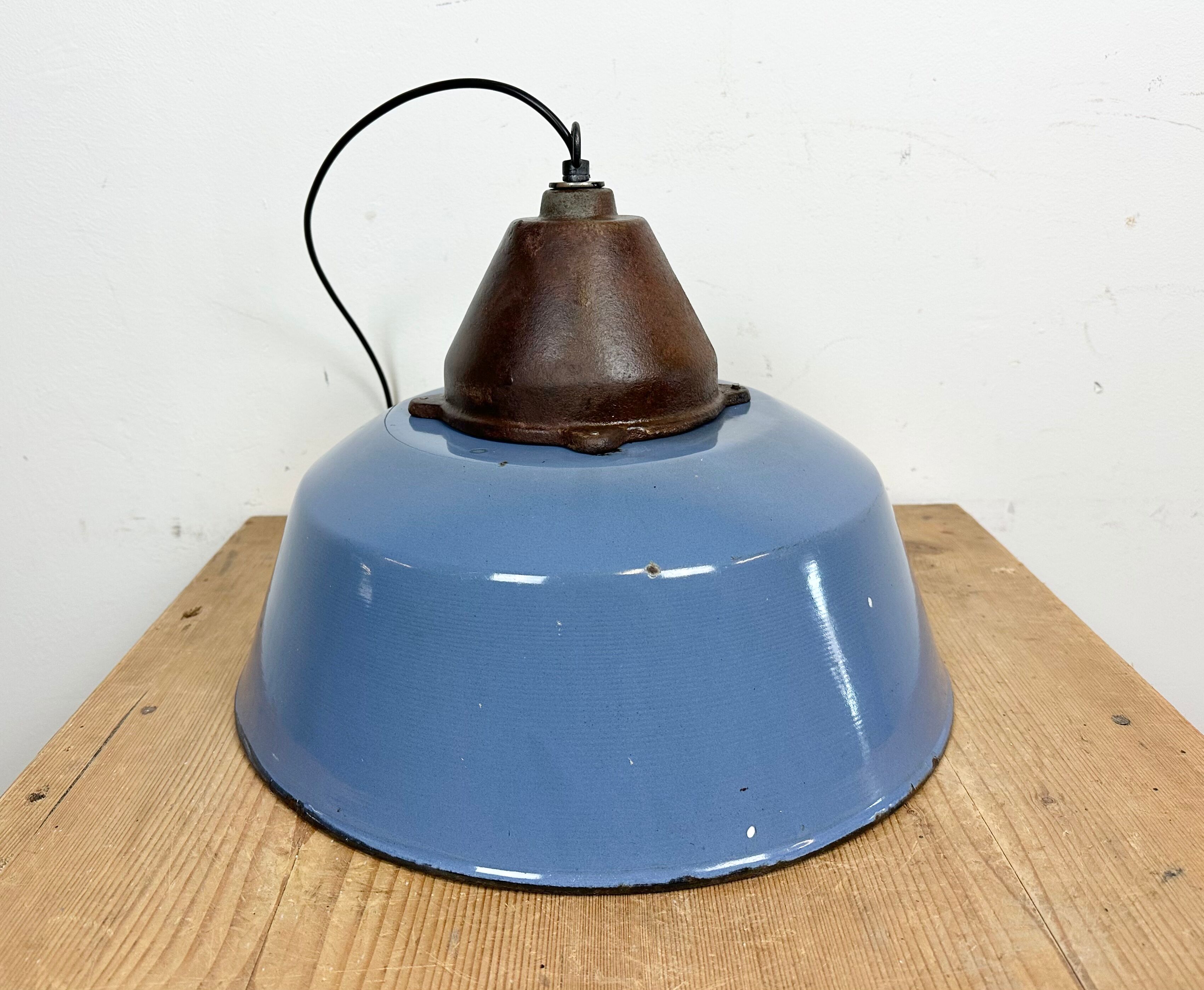 Industrial Blue Enamel and Cast Iron Pendant Light, 1960s