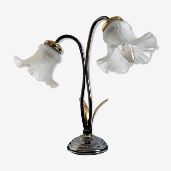 Double lampe col de cygne tulipe pate de verre décor roseaux