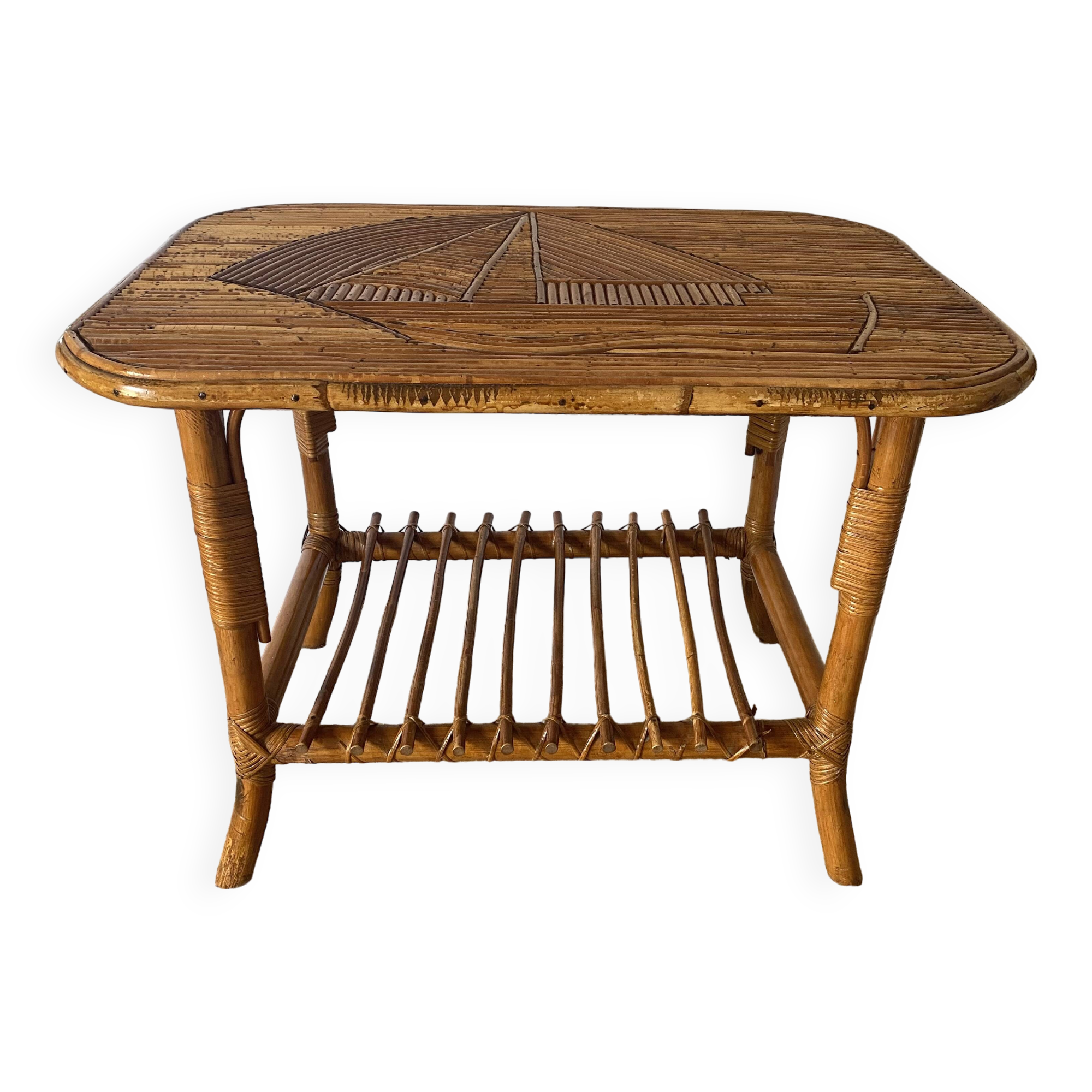 Rattan coffee table with sailboat decor from the 60s