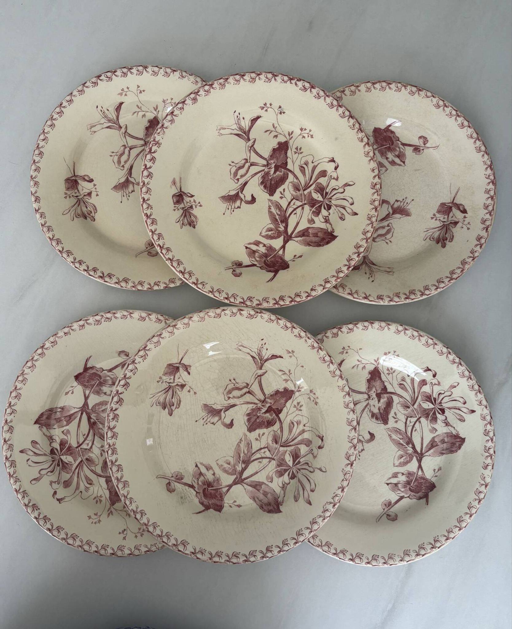 Lot de six assiettes, terre de fer, rouge, Gien, chèvrefeuille, faïenc