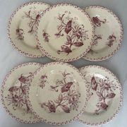 Lot de six assiettes, terre de fer, rouge, Gien, chèvrefeuille, faïenc