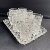Tray and 6 mugs in blown and molded glass