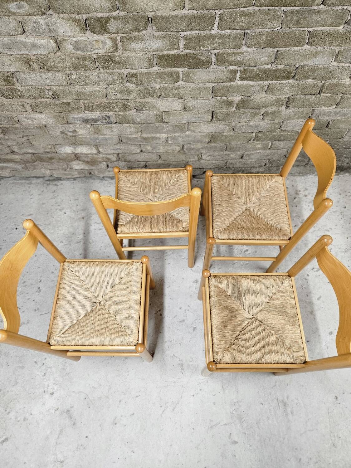 Set of 4 vintage pine and rush chairs