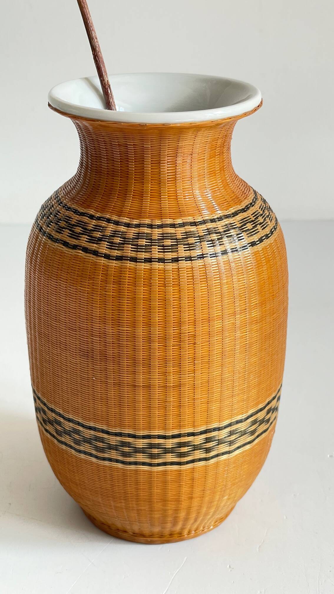 VINTAGE Woven Bamboo and Fine Porcelain VASE