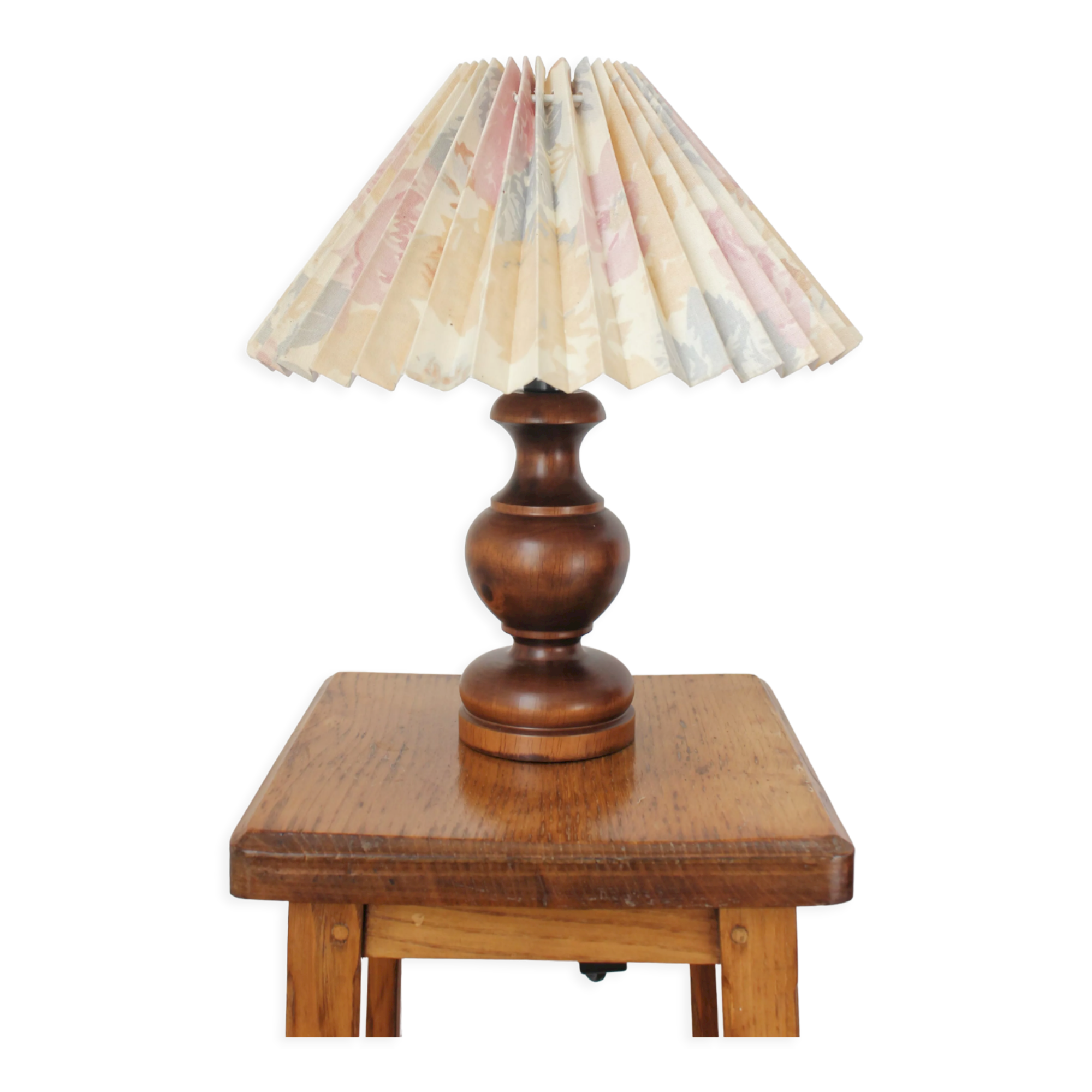 Wooden table lamp with vintage floral pleated lampshade
