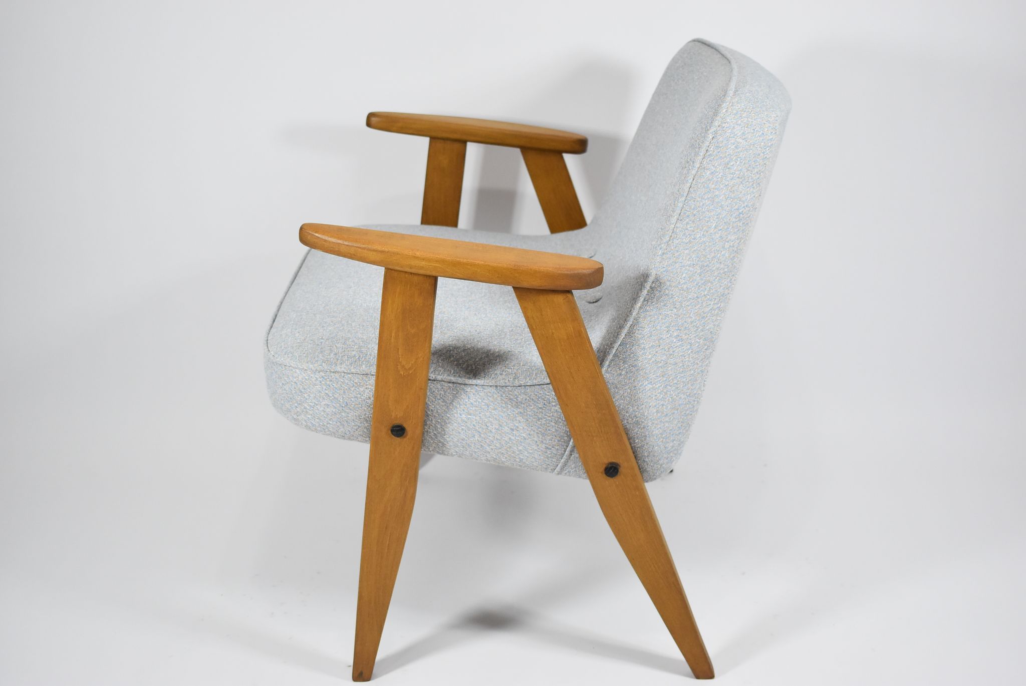 Vintage armchair model 366, fully renovated, designed by J. Chierowski, blue-grey fabric, teak wood