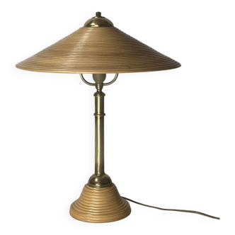 Pencil reed rattan bamboo and brass table lamp, Italy, 1970s