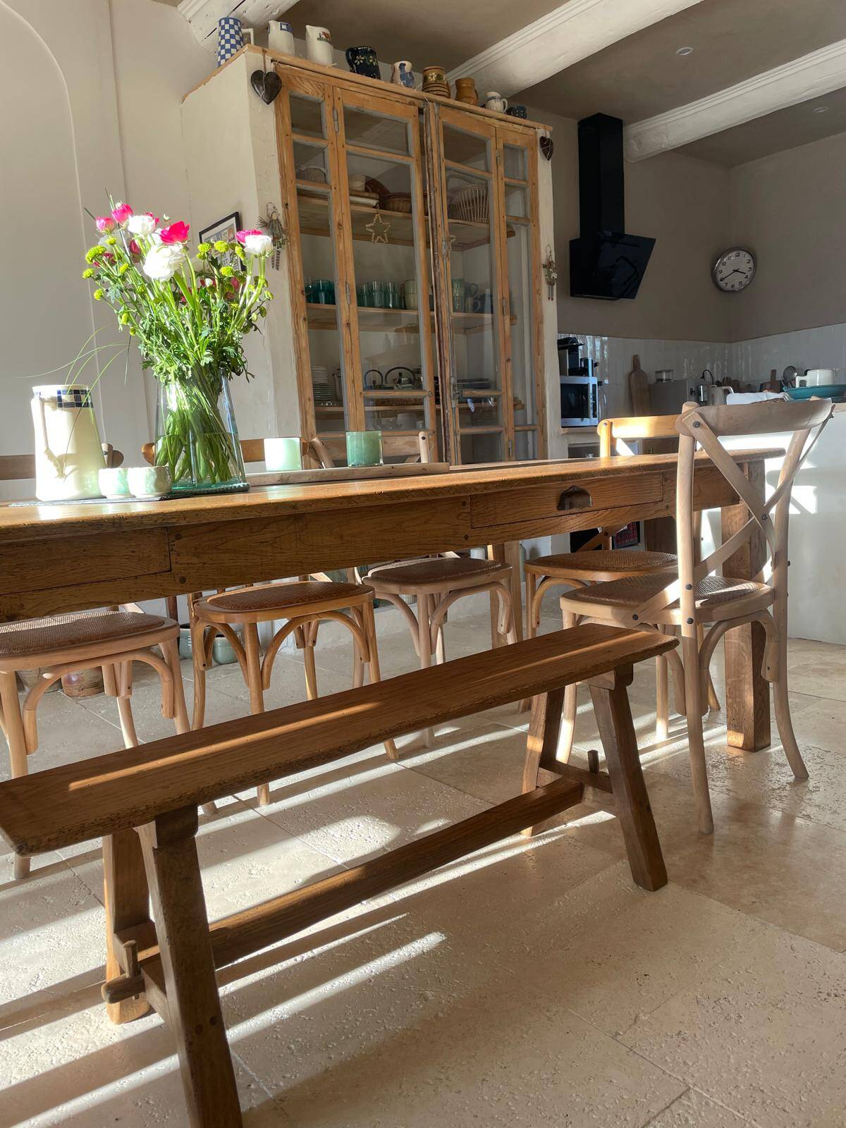 "A frame" bench in solid oak, patinated.