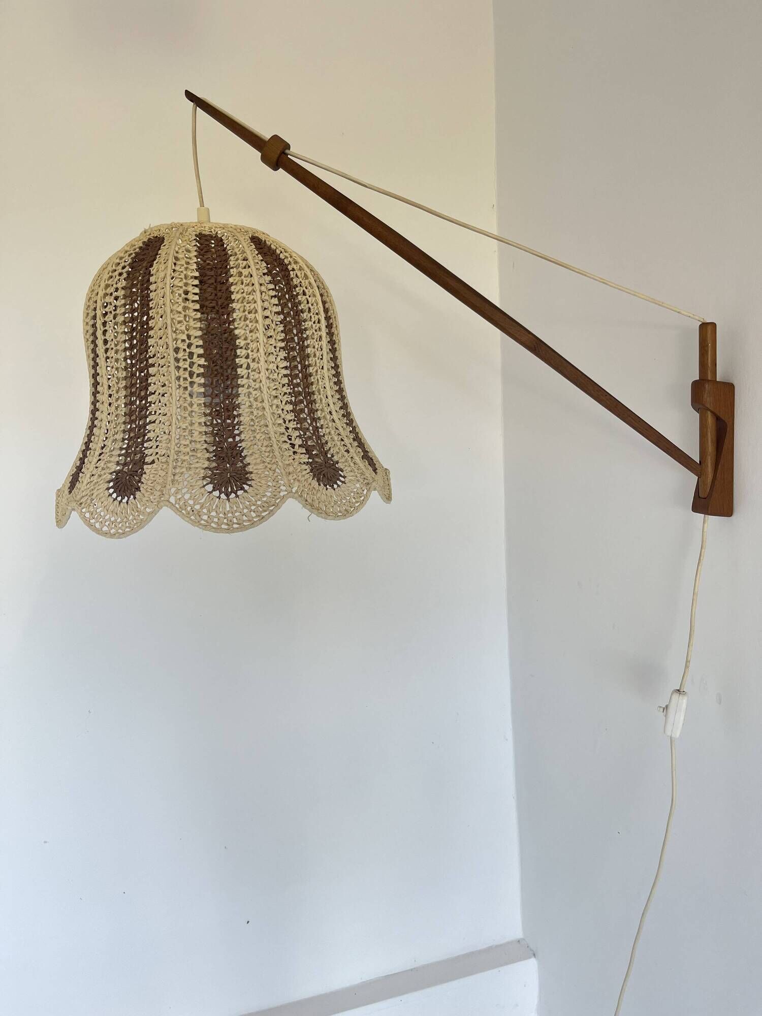 Mid-Century Modern Teak and Sisal Swing-Arm Wall Lamp, 1960s
