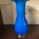 Clichy glass vase with floral decoration in intense blue tones and small years