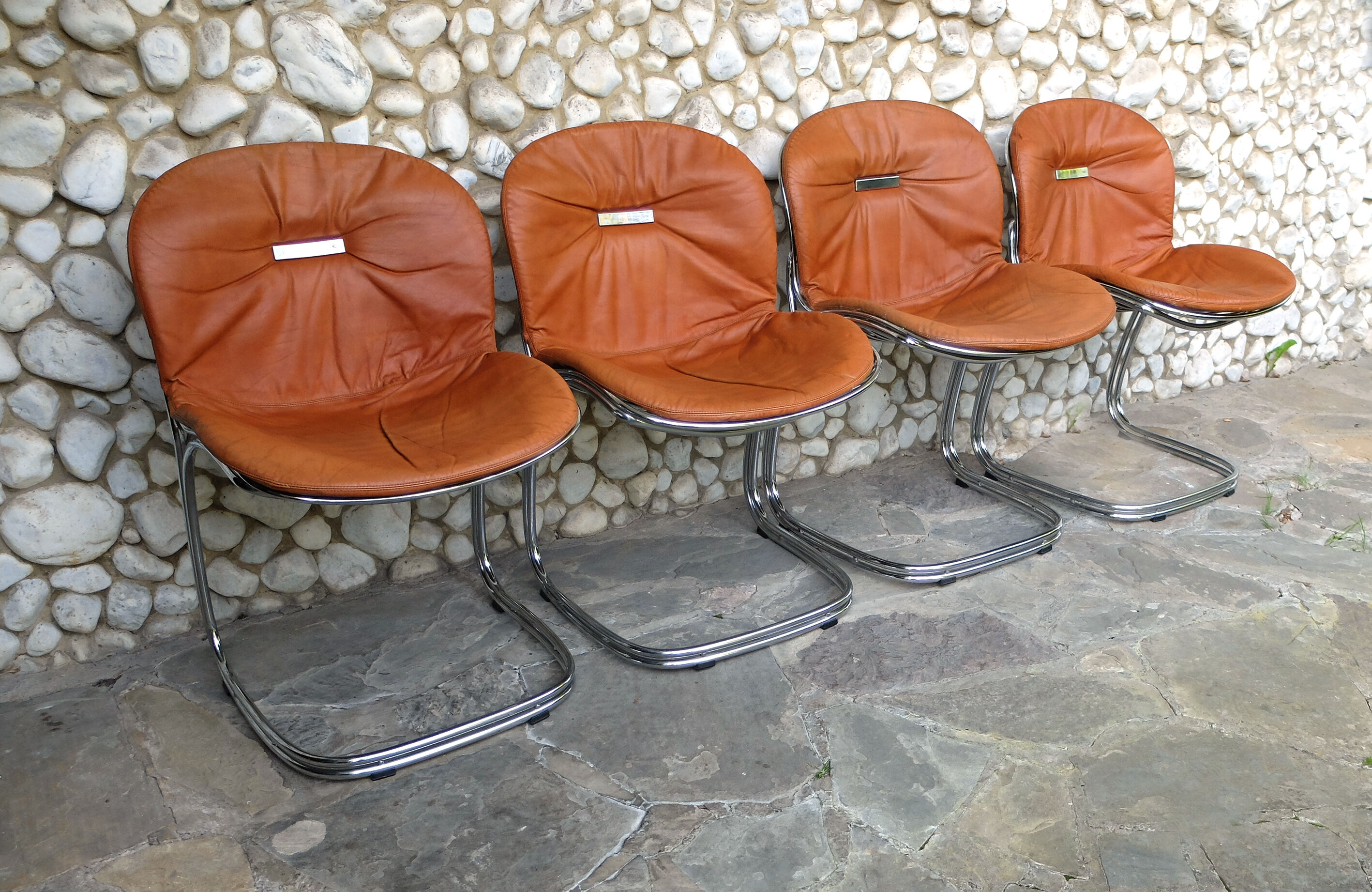 Seérie of 4 chairs Sabrina design Gastone Rinaldi for Rima, tawny leather, 1970